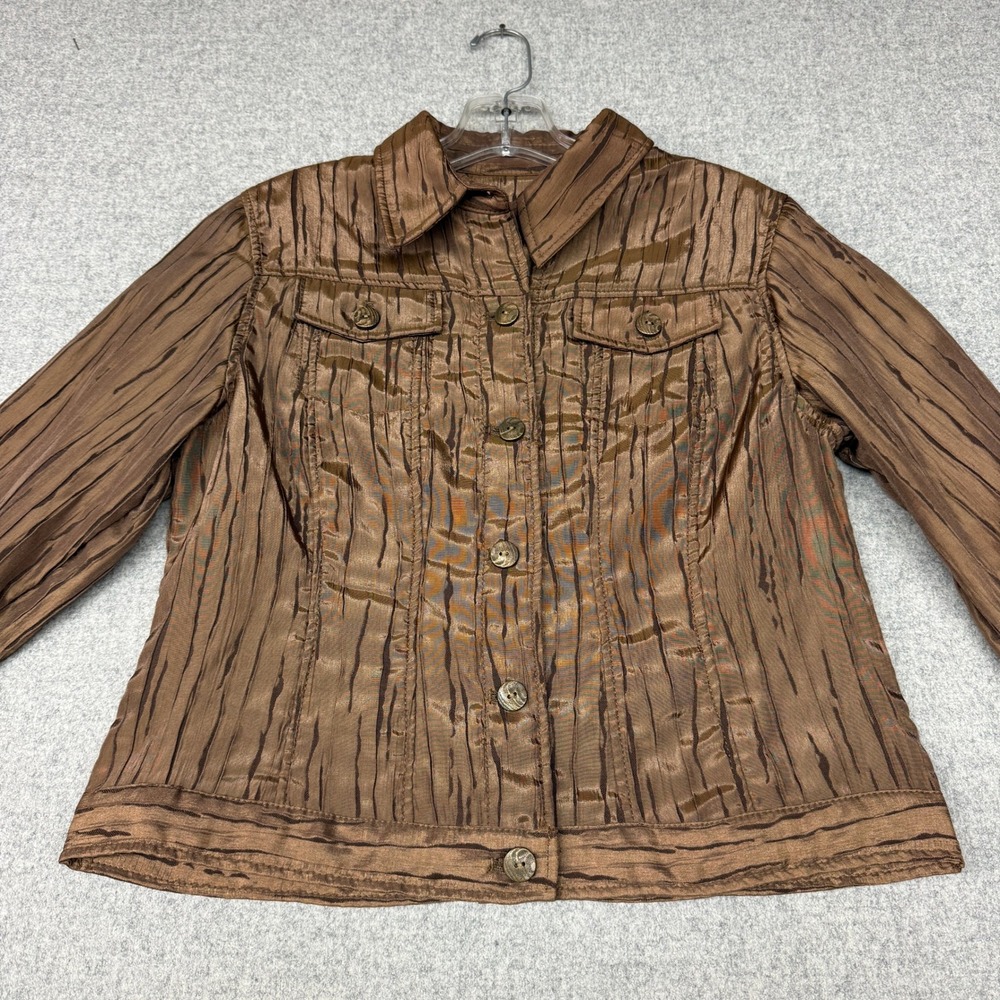 Ruby Rd Petite Jacket Size 8P Brown Bronze Crinkle Pleated Button Up Lightweight